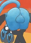 anthro backsack balls big_butt blue_body blue_fur butt butt_focus canid canine digital_media_(artwork) fur generation_4_pokemon genitals hi_res looking_at_viewer looking_back lucario male mammal nintendo nude pokemon pokemon_(species) simple_background solo swoomy