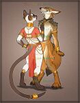 anthro bottomwear canid canine canis clothing collar coyote digitigrade domestic_cat duo felid feline felis female grin hi_res jewelry katie_hofgard kojote loincloth male mammal meezer siamese simple_background smile tail