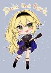  1girl black_footwear black_hairband black_shirt black_shorts blonde_hair blue_jacket bocchi_the_rock! chibi chibi_only dokibird_(vtuber) electric_guitar english_text full_body gibson_sg green_eyes grey_background guitar hairband highres holding holding_guitar holding_instrument indie_virtual_youtuber instrument jacket long_hair loxtix shirt shorts side_ponytail solo virtual_youtuber 