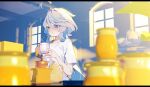  1girl ahoge blue_eyes blue_hair blush coffee_grinder cup furina_(genshin_impact) genshin_impact hair_between_eyes highres holding holding_cup indoors letterboxed long_hair parted_lips pekeko_(pepekekeko) shirt short_sleeves sleepy solo steam very_long_hair waking_up white_hair white_shirt window 