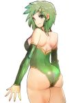  1girl ass breasts byte_(grunty-hag1) closed_mouth detached_sleeves final_fantasy final_fantasy_iv green_eyes green_hair green_leotard hair_ornament jewelry leotard looking_at_viewer medium_hair older rydia simple_background smile solo white_background 