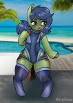 anykoe beach blue_hair blush clothing cutie_mark earth_pony embarrassed equid equine fan_character female feral footwear green_body green_eyes green_skin grey_clothing grey_hat grey_headwear hair hasbro hat headgear headwear heart_eyes heart_symbol horse mammal my_little_pony palm_tree plant pony pool signature smile socks solo sport_swimsuit tongue tongue_out tree