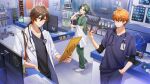  3boys black_hair black_shirt blue_eyes blue_shirt brown_eyes brown_hair doctor earrings genshin_impact gradient_hair green_hair green_shirt hair_between_eyes highres holding holding_pen id_card jacket jewelry kawausoman keyboard_(computer) long_hair long_sleeves male_focus monitor multicolored_hair multiple_boys orange_hair pen shirt single_earring tartaglia_(genshin_impact) towel white_jacket white_towel xiao_(genshin_impact) zhongli_(genshin_impact) 