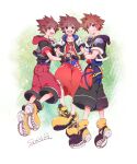  3boys belt black_gloves black_jacket black_shorts blue_belt brown_hair chain_necklace character_name clone closed_mouth crown crown_necklace fingerless_gloves floating gloves green_background grin holding_hands hood hood_down jacket jewelry kingdom_hearts kingdom_hearts_i kingdom_hearts_ii kingdom_hearts_iii looking_at_viewer multiple_boys multiple_persona necklace open_mouth oyatsu_(honeys) puffy_short_sleeves puffy_sleeves red_hood red_shorts shoes short_hair short_sleeves shorts smile sora_(kingdom_hearts) spiked_hair teeth upper_teeth_only white_background white_gloves yellow_footwear 