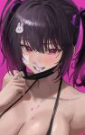  1girl absurdres bare_shoulders black_hair black_mask blood blush breasts cleavage commentary dea_(adenim1209) english_commentary grin hair_ornament heart heart-shaped_pupils highres looking_at_viewer mask mask_pull mole mole_under_eye mouth_mask nosebleed original pink_background purple_eyes simple_background smile solo symbol-shaped_pupils twintails 