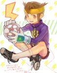  1boy :d bad_drawr_id bad_id ball brown_eyes brown_hair character_request child copyright_request gloves headband indian_style kima lightning_bolt_symbol looking_at_viewer male_focus oekaki open_mouth shoes short_hair sitting smile sneakers soccer_ball soccer_uniform socks solo sportswear telstar translation_request yellow_headband zipper zipper_pull_tab 