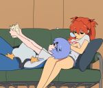  2girls :o ayanami_rei blue_hair casual chimeraenvy couch crossed_arms gloom_(expression) head_on_another&#039;s_leg highres interface_headset leaning_on_person long_hair lying lying_on_lap multiple_girls neon_genesis_evangelion nose_bubble orange_hair penpen reading red_eyes shirt short_hair short_shorts shorts sleeping sleeping_upright souryuu_asuka_langley squeans white_shirt 