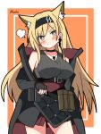  1girl absurdres animal_ear_fluff animal_ears arknights black_hairband black_jacket black_skirt black_tank_top blonde_hair blush border breasts cat_ears cat_girl closed_mouth contrapposto dot_nose hair_between_eyes hairband hand_on_own_hip hendra highres horn_(arknights) inset_border jacket jewelry large_breasts legs_apart long_sleeves looking_at_viewer open_clothes open_jacket orange_background outside_border pendant puff_of_air red_jacket shirt signature simple_background skirt sleeveless sleeveless_shirt solo tank_top two-sided_fabric two-sided_jacket v-shaped_eyebrows white_border yellow_eyes 