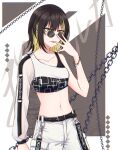  1girl adjusting_eyewear asymmetrical_clothes bare_shoulders belt black_hair blonde_hair bracelet breasts chain collarbone cometik_(idolmaster) crop_top ear_piercing glasses highres idolmaster idolmaster_shiny_colors ikaruga_luca jewelry looking_at_viewer medium_bangs midriff miemie_1016 navel navel_piercing official_alternate_costume over-rim_eyewear pants piercing round_eyewear see-through see-through_sleeves semi-rimless_eyewear shibuya_109 small_breasts sunglasses tongue tongue_out 