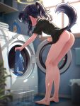  1girl animal_ears ass barefoot black_hair black_shirt blue_archive bottomless dog_ears dog_tail extra_ears halo hibiki_(blue_archive) indoors kneepits long_hair ponytail pussy shirt short_sleeves solo special_cat standing tail towel washing_machine window yellow_halo 