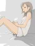  1girl bad_drawr_id bad_id bare_legs black_eyes breasts brown_hair camisole character_request copyright_request cup food grey_hair holding holding_cup knees_up kokudou_juunigou long_hair mouth_hold mug oekaki pocky shorts sitting sketch small_breasts solo steam white_camisole 