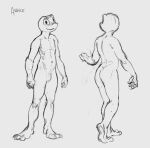 amphibian anthro butt featureless_crotch frog looking_at_viewer male monochrome mouth_closed nude oselotti simple_background sketch solo standing