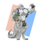 1:1 abs absurd_res anthro biceps big_bulge big_muscles big_pecs big_tail biped bulge claws clothed clothing crocodile crocodilian crocodylid daylon_(dislyte) demondragoncyan detailed_bulge dislyte grey_body grey_scales hi_res huge_tail jacket lilith_games male male_anthro muscular muscular_anthro muscular_male nipples pecs plant reptile scales scalie sharp_teeth simple_background solo tail teeth topwear underwear