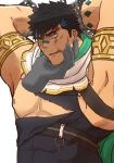  1boy anger_vein armlet armpits bandaid bandaid_on_face bandaid_on_nose bara black_hair blue_hair bound bruise bruise_on_face cape covered_abs crave_saga disembodied_limb face_grab gae_bolg_(crave_saga) injury male_focus multicolored_hair muscular muscular_male nattukre pectorals scar scar_on_arm scar_on_cheek scar_on_face short_hair solo streaked_hair tied_up_(nonsexual) torn_clothes two-tone_hair upper_body yellow_eyes 