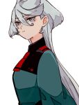  1girl asticassia_school_uniform closed_mouth commentary_request expressionless green_jacket grey_eyes gundam gundam_suisei_no_majo jacket long_hair long_sleeves miorine_rembran necktie red_necktie school_uniform simple_background solo vt104k white_background white_hair 