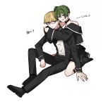  1boy 1girl bare_shoulders black_choker black_dress black_footwear black_jacket black_pants black_shirt black_socks blonde_hair brown_eyes choker collarbone collared_shirt crossed_bangs dress green_hair hair_between_eyes hand_on_floor highres hug jacket land_(sousou_no_frieren) long_hair long_sleeves on_floor open_clothes open_jacket pants pleated_dress purple_eyes shirt side_ponytail sidelocks simple_background sitting sleeveless sleeveless_dress socks sousou_no_frieren speed_lines translation_request ubel_(sousou_no_frieren) wariza white_background yasato83 