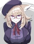  1girl :p animal_ear_fluff animal_ears arknights beret blonde_hair bow bowtie breasts character_name commentary dated glasses gnome_(gnome_0000) grey_background hat highres jacket large_breasts looking_at_viewer purple_eyes purple_hat purple_jacket red_bow red_bowtie short_hair simple_background solo tongue tongue_out upper_body utage_(arknights) utage_(disguise)_(arknights) 