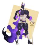 1:1 absurd_res anthro anubian_jackal bandage biceps big_muscles big_pecs black_body black_fur bulge cane canid canine canis cape claws clothing demondragoncyan dislyte drew_(dislyte) eyewear footwear fur hi_res jackal lilith_games long_ears male mammal monocle mostly_nude muscular muscular_anthro muscular_male nipple_piercing nipples pecs piercing purple_body purple_fur shoes solo