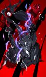  1boy absurdres amamiya_ren black_hair closed_mouth gloves grandialee highres jumping male_focus mask persona persona_5 purple_eyes red_gloves solo 