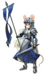  1girl animal_ears armor blue_dress breastplate colored_skin commentary dress ears_through_headwear english_commentary flag gemi_ningen helm helmet highres holding holding_flag holding_sword holding_weapon knight long_hair mouse_ears mouse_girl mouse_tail original ratkin_(rimworld) rimworld shoulder_plates solo standing sword tail weapon white_hair white_skin 