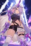  1girl alternate_breast_size alternate_costume alternate_hairstyle commentary crop_top crystal gloves grey_hair hair_over_one_eye half-skirt highres hololive hololive_english horns katana koseki_bijou long_hair midriff navel parted_lips popo_(popo0cat) purple_eyes shorts single_horn skindentation solo sword thigh_strap thighhighs very_long_hair virtual_youtuber weapon 
