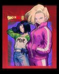  1boy 1girl absurdres adjusting_hair android_17 android_18 black_gloves black_hair blonde_hair blue_eyes blue_pants brother_and_sister character_name collarbone copyright_name cowboy_shot dragon_ball dragon_ball_super earrings english_commentary gloves green_shirt hands_in_pockets highres jacket jewelry kornart medium_hair pants pink_jacket pink_pants print_shirt shirt siblings track_suit twins twitter_username 