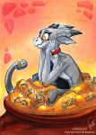 abstract_background absurd_res anthro coin collar ears_back female gold_(metal) grey_body heart_pendant hi_res horn kobold kuki looking_down pivoted_ears red_collar scales sitting slim slim_female solo stirren treasure yellow_eyes