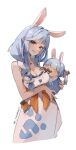  2girls animal_ear_fluff animal_ears baby blue_hair blush braid breasts child cleavage highres holding_baby hololive large_breasts long_hair looking_at_viewer mature_female multicolored_hair multiple_girls pekomama rabbit_ears rabbit_girl ralph_alejandro short_eyebrows smile thick_eyebrows usada_pekora virtual_youtuber white_hair 