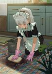  1girl absurdres apron black_dress blush bucket cabinet closed_eyes closed_mouth dress facing_down frilled_apron frills full_body gloves highres indoors kgt_(pixiv12957613) kitchen kneeling long_bangs long_hair maid maid_headdress original pink_gloves plant ponytail rubber_gloves rug shadow short_sleeves smile solo spill sweatdrop white_apron white_hair wiping 