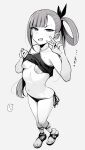  1girl asymmetrical_bangs bikini bikini_top_lift breasts clothes_lift frilled_bikini frills full_body greyscale hair_rings highres irogomi koga_(nue_no_onmyouji) lifted_by_self light_blush long_hair looking_at_viewer monochrome navel nipples nue_no_onmyouji open_mouth sandals side-tie_bikini_bottom side_ponytail simple_background small_breasts solo speech_bubble standing swimsuit translation_request v 