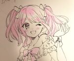  1girl bang_dream! bare_shoulders bow bowtie character_request collarbone commentary copyright_request eyelashes fingernails frilled_sleeves frills hair_bow highres light_blush lineart long_hair looking_at_viewer maruyama_aya no+bi= off-shoulder_shirt off_shoulder one_eye_closed open_mouth outstretched_hand photo_(medium) pink_bow pink_bowtie pink_hair shirt short_sleeves short_twintails smile solo spot_color traditional_media twintails upper_body wrist_bow 