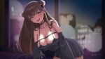  1girl absurdres black_bra black_choker black_dress blurry blurry_background bra breasts brown_hair cat_hair_ornament choker city collarbone detached_sleeves double_bun dress english_commentary green_eyes hair_bun hair_ornament hanamori_healthy highres indie_virtual_youtuber large_breasts long_hair looking_at_viewer night poolpool sidelocks skyline smile solo teeth tongue tongue_out underwear upper_teeth_only virtual_youtuber 