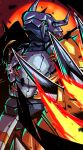  armor artist_logo claws colored_skin commentary crotch_plate digimon dragon fire green_eyes helmet highres horns looking_at_viewer orange_skin red_background red_hair ridgeone solo spiked_hair twitter_username upper_body wargreymon yellow_armor 
