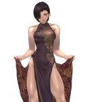 1girl 6maker bare_shoulders black_dress black_hair breasts brown_eyes brown_hair china_dress chinese_clothes dark-skinned_female dark_skin dragon_print dress hair_over_one_eye highres looking_afar muscular muscular_female original print_dress scar scar_across_eye short_hair side_slit simple_background sleeveless sleeveless_dress solo thighs tongue tongue_out white_background 