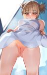  1girl absurdres ass_visible_through_thighs bags_under_eyes blonde_hair blush boku_no_hero_academia breasts clothes_lift double_bun dress dress_lift hair_bun highres messy_hair narrowed_eyes no_panties pussy slit_pupils solo toga_himiko white_dress yellow_eyes zd_(pixiv6210083) 