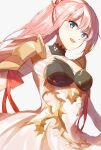  1girl :d armor black_choker blue_eyes braid breasts choker cleavage dress edamameoka floating_hair hair_between_eyes highres long_hair medium_breasts open_mouth pink_hair ponytail red_ribbon ribbon shionne_(tales) shoulder_armor sketch smile solo tales_of_(series) tales_of_arise white_background white_dress 