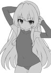  1girl aisaka_taiga armpits arms_up blush closed_mouth collarbone commentary covered_navel cowboy_shot elbow_gloves english_commentary flat_chest gloves greyscale hair_between_eyes hands_in_hair highres light_smile long_hair looking_at_viewer mikoscrub monochrome simple_background smile toradora! 