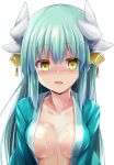  1girl blush breasts cleavage collarbone dragon_girl dragon_horns fate/grand_order fate_(series) green_hair green_kimono hair_ornament horns japanese_clothes kimono kiyohime_(fate) long_hair long_sleeves looking_at_viewer medium_breasts multiple_horns open_mouth sen_(astronomy) smile solo sweat thighs yellow_eyes 