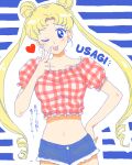  1girl ;p bad_drawr_id bad_id bishoujo_senshi_sailor_moon blonde_hair blue_background blue_eyes blue_shorts blush breasts casual cowboy_shot crop_top denim denim_shorts double_bun earrings hair_bun hand_on_own_hip heart ietan jewelry long_hair looking_at_viewer medium_breasts midriff navel oekaki one_eye_closed plaid plaid_shirt shirt short_shorts short_sleeves shorts smile solo striped_background tongue tongue_out tsukino_usagi twintails two-tone_background v white_background 