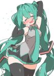  1girl absurdres aqua_hair aqua_necktie armpit_crease arms_behind_head arms_up black_thighhighs blush breasts center-flap_bangs closed_eyes commentary detached_sleeves feet_out_of_frame flying_sweatdrops full-face_blush grey_shirt hair_between_eyes hair_intakes hatsune_miku highres long_hair medium_breasts necktie no_nose open_mouth shiny_skin shirt solo tearing_up thick_thighs thighhighs thighs tongue twintails uruti_2388 very_long_hair vocaloid white_background zettai_ryouiki 