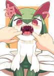  bags_under_eyes blush colored_skin fangs green_hair highres horns ino_(tellu0120) kirlia looking_at_viewer multicolored_skin on_floor open_mouth out_of_frame pink_eyes pokemon pokemon_(creature) sidelocks sitting sweatdrop two-tone_skin white_skin 