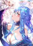  1girl artist_name bare_shoulders blue_eyes blue_hair breasts character_request cleavage collarbone commentary criss-cross_halter english_commentary from_side hair_between_eyes halterneck highres large_breasts long_hair looking_up original parted_lips ringeko-chan solo 