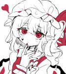  1girl closed_mouth flandre_scarlet hair_between_eyes hat head_tilt heart heart-shaped_pupils highres looking_at_viewer medium_hair mob_cap nail_polish one_side_up pointy_ears puffy_short_sleeves puffy_sleeves ramochi red_eyes red_nails red_ribbon red_vest ribbon ribbon-trimmed_headwear ribbon_trim shirt short_sleeves simple_background solo spot_color symbol-shaped_pupils touhou upper_body vest white_background wings wrist_cuffs 