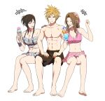  1boy 2girls aerith_gainsborough aerith_gainsborough_(pink_mermaid) bare_legs bikini bikini_skirt black_hair blonde_hair breasts brown_hair cloud_strife cloud_strife_(wild_surf) cocktail final_fantasy final_fantasy_vii final_fantasy_vii_rebirth final_fantasy_vii_remake flower food frilled_bikini frilled_bikini_top frills girl_sandwich hair_flower hair_ornament highres holding holding_food holding_ice_cream ice_cream ice_cream_cone igusaharu invisible_chair large_breasts male_swimwear medium_breasts microskirt multiple_girls official_alternate_costume official_alternate_hairstyle pink_bikini sandwiched sitting skirt spiked_hair swim_trunks swimsuit tifa_lockhart tifa_lockhart_(shining_spirit) white_bikini 