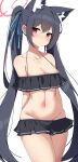  1girl absurdres animal_ear_fluff animal_ears arms_behind_back bikini black_bikini black_hair blue_archive blue_ribbon breasts cleavage collarbone commentary frilled_bikini frills groin hair_ribbon halo highres long_hair looking_at_viewer medium_breasts navel official_alternate_costume red_eyes red_halo ribbon serika_(blue_archive) serika_(swimsuit)_(blue_archive) simple_background solo standing stomach swimsuit symbol-only_commentary thighs twintails very_long_hair w.k white_background 