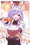  1girl animal_ear_fluff animal_ears blue_hair blush braid chopsticks feeding food highres holding holding_chopsticks hololive incoming_food lianbiglian long_hair looking_at_viewer mature_female multicolored_hair pekomama rabbit_ears rabbit_girl shrimp shrimp_tempura smile tempura thick_eyebrows virtual_youtuber white_hair 