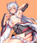  1girl abs animal_ears armor armpits ass azur_lane bangs bare_legs black_skirt blush breasts cat_ears cat_tail cleavage crossed_bangs ema eyebrows_visible_through_hair fangs grey_hair hadanugi_dousa hair_between_eyes hand_in_hair hyuuga_(azur_lane) japanese_armor japanese_clothes kimono kote kusazuri large_breasts long_hair looking_at_viewer midriff nose_blush open_mouth panties pleated_skirt red_panties richou_ask sarashi short_sleeves sidelocks sitting skirt solo tail toned underboob underwear white_kimono wide_sleeves yellow_eyes yokozuwari 