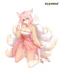  1girl alternate_hair_color animal_ear_fluff animal_ears ankle_bell breasts cleavage cleavage_cutout closed_mouth closers clothing_cutout copyright_name dress dress_tug fingernails fox_ears fox_girl fox_tail full_body green_eyes hand_up high_heels highres kitsune kneeling kyuubi large_breasts layered_dress logo long_fingernails long_hair long_sleeves looking_at_viewer low_twintails multiple_tails official_art pink_dress pink_hair salute see-through see-through_sleeves smile solo soma_(closers) tachi-e tail twintails two-finger_salute two-tone_dress wedge_heels white_background white_footwear yellow_dress yellow_sleeves yellow_tail 