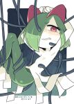  clenched_teeth colored_skin green_hair hair_over_one_eye highres horns ino_(tellu0120) kirlia looking_at_viewer multicolored_skin pink_eyes pokemon pokemon_(creature) restrained sidelocks simple_background single_tear teeth tentacles two-tone_skin white_skin 