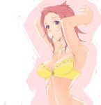  1girl armpits arms_up bad_drawr_id bad_id bare_arms blue_eyes bra breasts character_request copyright_request food lingerie long_hair looking_at_viewer mouth_hold oekaki pego_(peco_peco) pink_background pocky red_hair ribs short_hair simple_background solo stomach two-tone_background underwear underwear_only white_background yellow_bra 